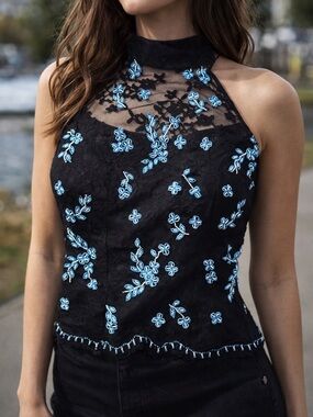 Black Lace Halter Top Blue Embroidered Sheer Y2K Going Out Beaded Statement